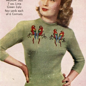 May include: A woman wearing a green sweater with a parrot design. The sweater is knitted and has a crew neck. The woman is wearing a dark skirt and has her hair styled in a soft wave. The text on the image reads "BESTWAY A 2063 4d MEDIUM SIZE 7 ozs. Lime Green 3-ply Few yards each of 6 Contrasts".