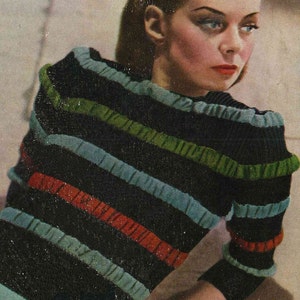 1940s Striped and Ruched Jumper, from Stitchcraft Magazine WW2 era - vintage knitting pattern PDF (438)