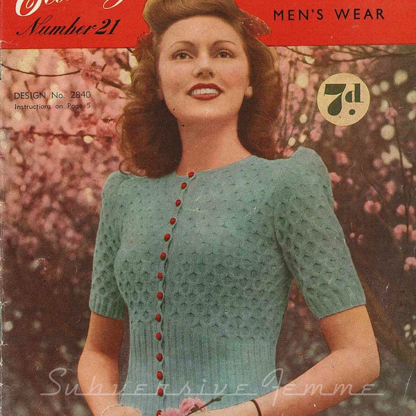 Cherry Blossom, WWII-era cardigan c. 1940s - vintage knitting pattern PDF (449)