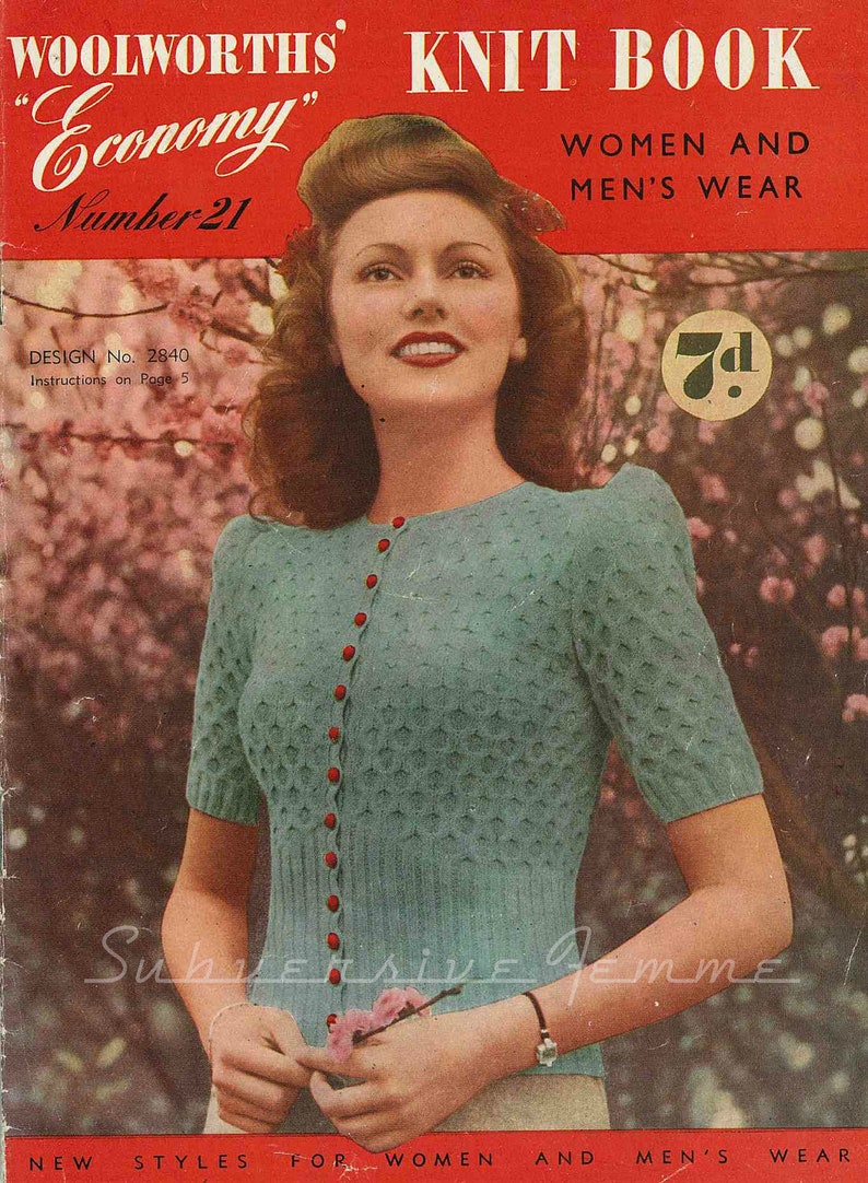 Cherry Blossom, WWII-era cardigan c. 1940s vintage knitting pattern PDF 449 image 1