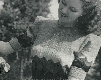1940s Striped Chevron-lace Jumper, with puff sleeves - vintage knitting pattern PDF (432) Patons Baldwins 182