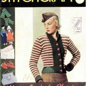 Peut inclure: Une couverture de magazine vintage représentant une femme portant un pull rayé avec une bordure verte et noire. Le magazine est intitulé "Stitchcraft" et le texte de la couverture est "What to Make for Christmas".
