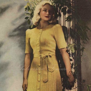 Wattle Gold, 1940s knitted dress - vintage knitting pattern PDF (444)