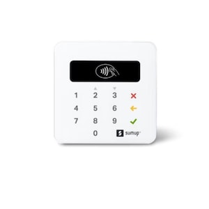 May include: A white SumUp card reader with a black display showing a contactless payment symbol. It has a numeric keypad with buttons from 0-9, a red X, a yellow arrow, and a green tick. The SumUp logo is at the bottom.