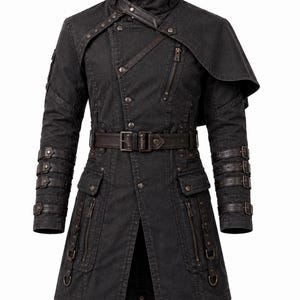 May include: A charcoal black long coat featuring a high collar, an asymmetrical front closure with metallic buttons, and a shoulder capelet. The sleeves have multiple buckled straps, and the waist includes a wide belt with a metal buckle.