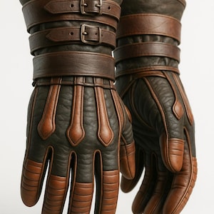May include: A pair of dark brown and tan leather gloves featuring two adjustable straps with metal buckles at the wrist. The gloves have a textured finish with reinforced panels on the fingers and decorative stitching across the back of the hand.