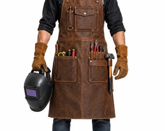 May include: A brown leather apron featuring adjustable shoulder straps with metal buckles, a chest pocket with a snap closure, and multiple lower utility pockets. The apron includes loops for tools, a hammer holder, and visible stitching throughout.