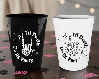 Vasos para fiesta "Hasta que la muerte nos separe" / Vasos para despedida de soltera con esqueleto "Rock On" / Vasos para novia y dama de honor / Vasos de plástico reutilizables de 16 oz / SIN BPA