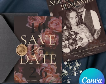 Modello modificabile per Save the Date floreale e suggestivo, invito Canva romantico e scuro fronte-retro, annuncio di matrimonio boho suggestivo, download immediato