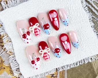 Sweet Almond Press On Nails/Fake Nails in Red & Pink with Cherry, Bowknot and Polka Dots, Charming Nails for Parties, Dates and Gifts