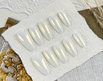 Soft Almond Press On Nail with Ivory White Pearl Finish and Silver Glitter Dust, Fake Nail for Elegant Brides, Weddings or Formal Occasions