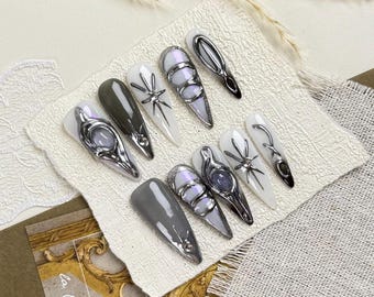 Silver White Gray Edgy Almond Press On Nail with Metallic Lines Star Accents, Fake Nail for Parties, Night Outs and Fashion