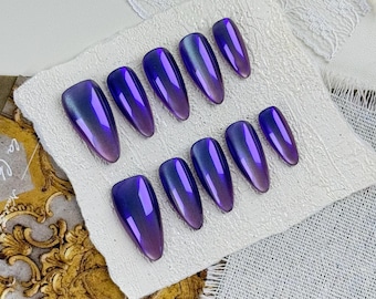 Purple Gradient Dreamy Almond Press On Nail with Metallic Gloss, Iridescent Fake Nail for Festivals, Parties, Romantic Dates and Night Out