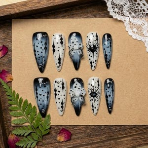 Black White Gothic Long Almond Press On Nail with 3D Floral, Spikes and Splatter Accents, Fake Nail for Punk Concerts or Alternative Events