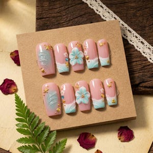 Turquoise Blue Pink Long Square Press On Nail with 3D Floral, Starfish, Shell and Gold Bead Accents, Fake Nail for Tropical Summer Outings