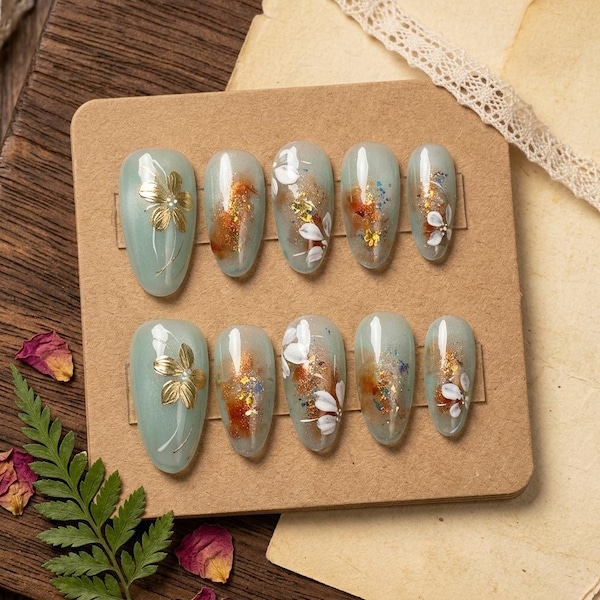 Mint Green Sheer Almond Press On Nail with Hand-Painted Gold Leaf Art and Amber Marble Accents, Fake Nail for Nature Outings or Daily Looks