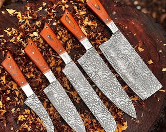 Custom Handmade D2 with Aching 5pcs Chef Knife set for chef beautiful Kitchen knife set for anniversary gift groomsman gift a best Chef Set