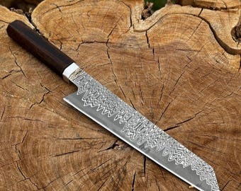 Cuchillo de chef de acero de Damasco hecho a mano: mango de palisandro, hoja San Mai