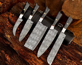 Custom Handmade D2 Steel Etching Blade Chef Knife Set with Black Horn Handles Cooking Knife Set Handcrafted Anniversary Gift Birthday Gift.