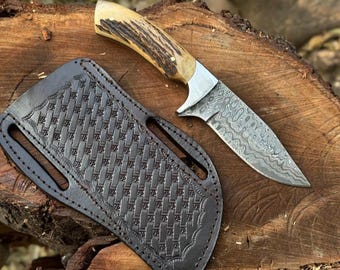Handmade Damascus Steel Hunting Knife with Stag Handle Camping Knife Groomsmen Gift Wedding Gift for Men Gift for Husband & Dad Birthday
