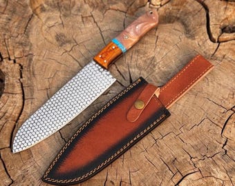 D2 steel with Aching  Chef Knife For Anniversary, Handmade Luxury Kitchen Knife, Copper Blade, Malachite & Handle Gift For Christmas