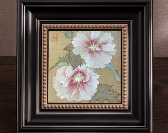 Hand-painted Silk Hollyhock Painting: Chinese Gongbi Art, Desktop Dark Walnut Wood Frame Traditional Art