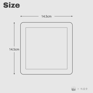 May include: Image showing the size of a square object. The dimensions are 14.5cm x 14.5cm, with the word "Size" at the top. The object is a light gray color with a darker gray border.