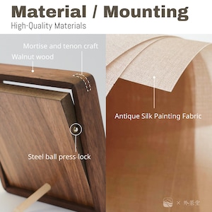 May include: Close-up of a wooden frame with the text "Material / Mounting" and "High-Quality Materials." The frame features a steel ball press lock and is made of walnut wood. The image also shows antique silk painting fabric.