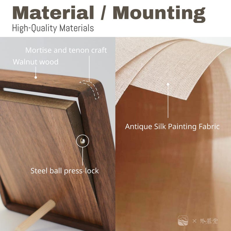 May include: Close-up of a wooden frame with the text "Material / Mounting" and "High-Quality Materials." The frame features a steel ball press lock and is made of walnut wood. The image also shows antique silk painting fabric.
