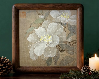 Hand-Painted Silk Camellia Painting: Vintage Chinese Art, Wooden Desk framed Artwork Asia Zen Room