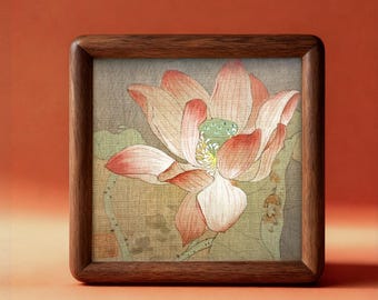 Custom Hand-painted Lotus Silk Painting: Pink Floral Mini Art, Desk framed Artwork  Fengshui Painting