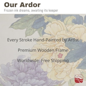 May include: A floral artwork with the text "Our Ardor" and "Frozen ink dreams, awaiting its keeper." The artwork features hand-painted flowers in shades of yellow, purple, and green. Text on the artwork reads "Every Stroke Hand-Painted by Artist" and "Premium Wooden Frame."