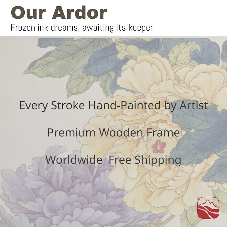 May include: A floral artwork with the text "Our Ardor" and "Frozen ink dreams, awaiting its keeper." The artwork features hand-painted flowers in shades of yellow, purple, and green. Text on the artwork reads "Every Stroke Hand-Painted by Artist" and "Premium Wooden Frame."