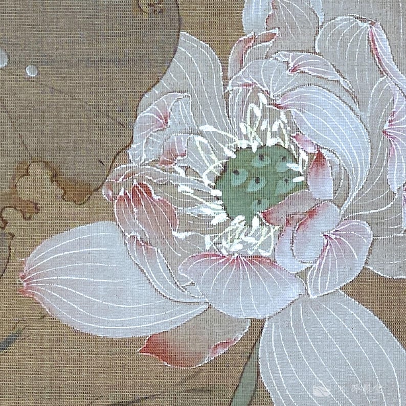May include: Close-up of a detailed floral painting featuring a white lotus flower with pink and green accents. The petals are delicately rendered with fine lines, set against a textured, tan background. The artwork evokes a sense of tranquility.