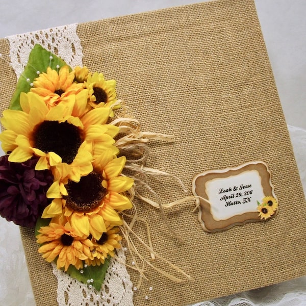 Sunflower Wedding Book, 8x10 Photo Album, Ring Bound Wedding Album, Burlap Guest Book, Custom Colors