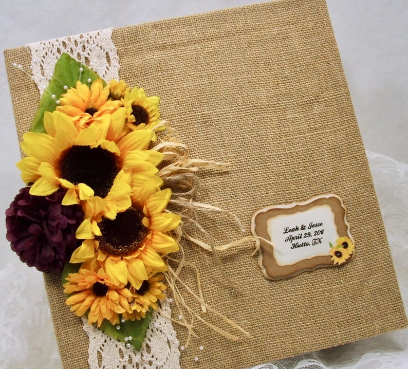 Sunflower Wedding Book, 8x10 Photo Album, Ring Bound Wedding Album, Burlap Guest Book, Custom Colors image 1