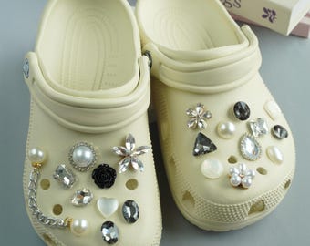20PCS Black and White Pearl Crystal Shoe Charms Set – Elegant Rhinestone Gem Clog Accessories, Luxury Bling Charms for Women, Girls