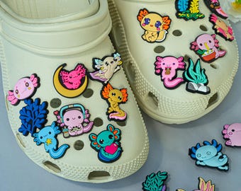 20PCS Cute Axolotl Shoe Charms Set – Fun Cartoon Shoe Accessories with Food, Moon, Aquarium, and Ocean Plants for Shoes Sandals and Bags