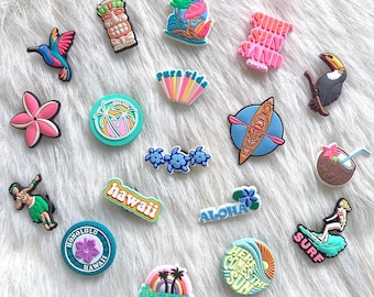 18 PCS Hawaii Shoe Charms Set Aloha Summer Beach Surf Tropical Vacation  Shoes sandals  Clogs Bags Accessories