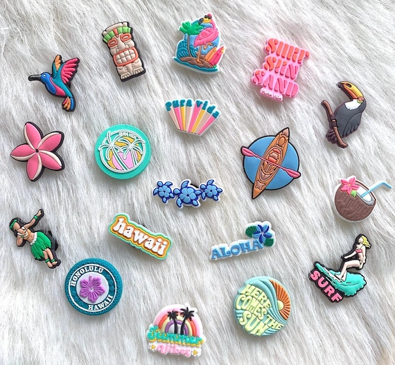 18 PCS Hawaii Shoe Charms Set Aloha Summer Beach Surf Tropical Vacation  Shoes sandals  Clogs Bags Accessories