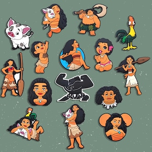 May include: A collection of colorful cartoon character charms, including a pig, a rooster, and several figures of a woman with long black hair. The charms are in various poses and outfits, with some holding props like a hook or a paddle.