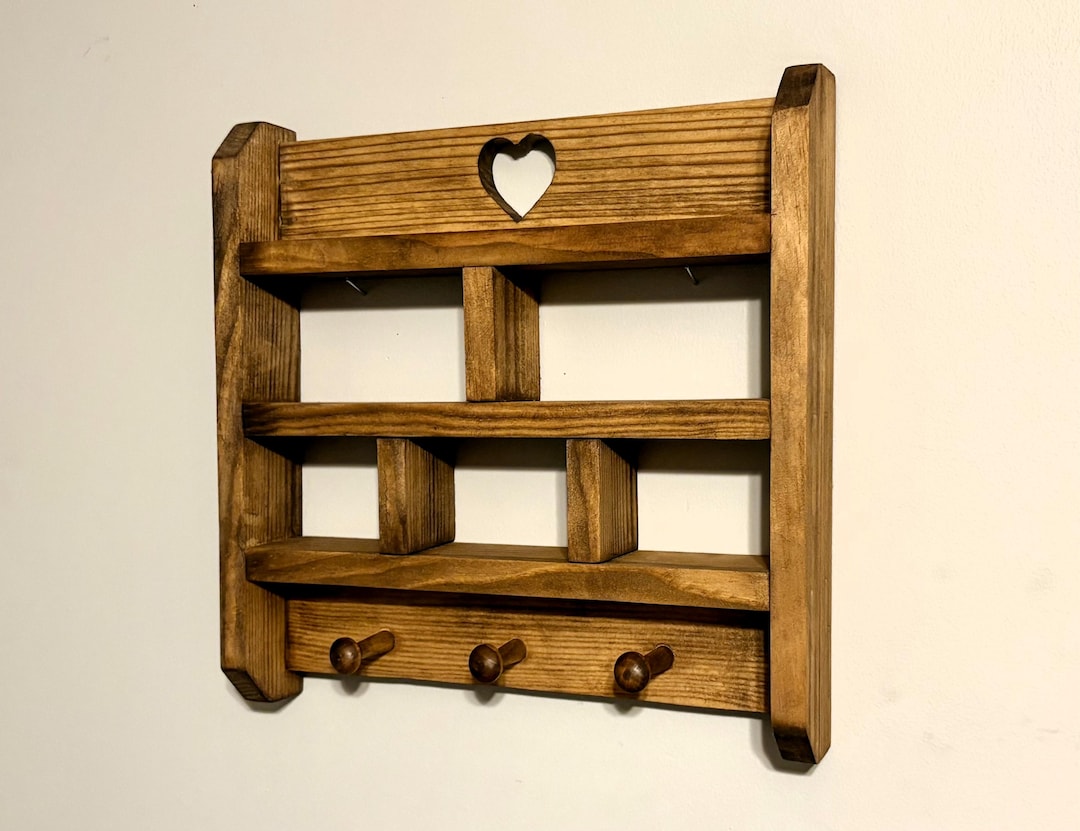 Wooden trinket shelf, wooden heart shelf, rustic wooden shelf, wooden shelf brackets, wooden shelf with Pegs, Heart Shelves, solid wood