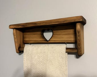 Wooden Towel Rack, Bathroom Towel Rack, Towel Rack, Towel Rack Wall Shelf, Pine with Heart Stained Wood, Rustic Country Towel Rack 16"