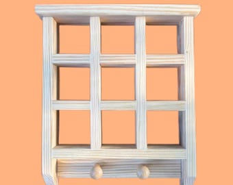 Rustic Wood Trinket Shelf with Pegs: Vintage Wall Decor (13x14x2.5")