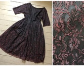 true vintage 1950s black wine lace dress 50s gothic dress with full skirt