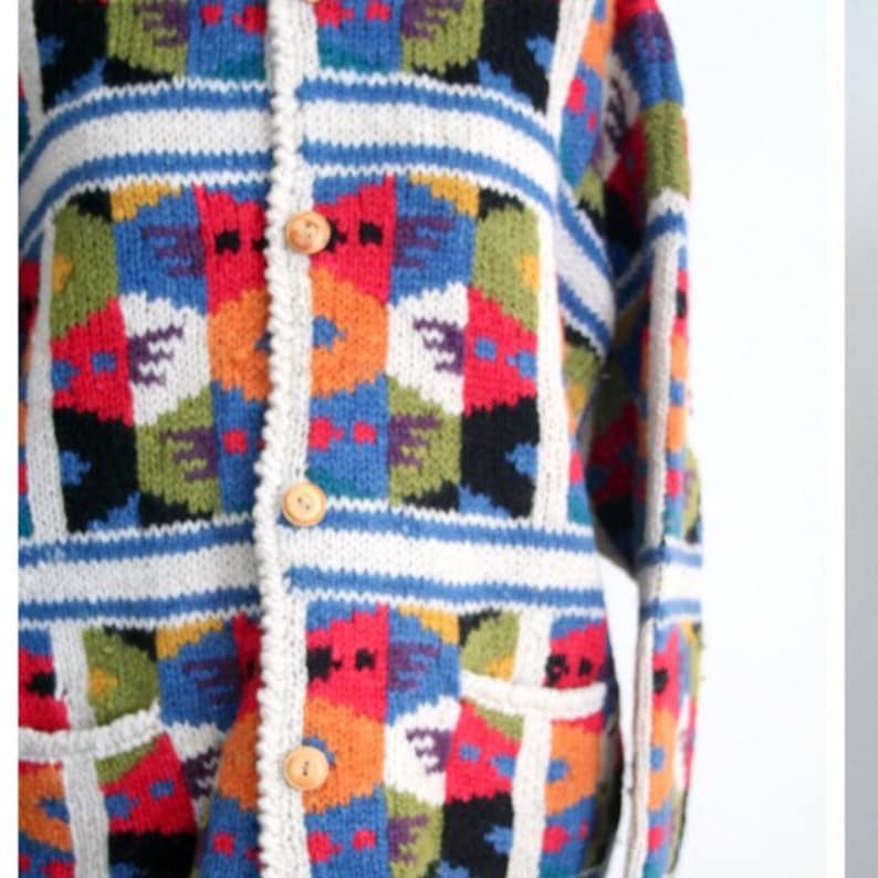 hand knit sweater Southwestern style wool sweater colorful wool cardigan vintage hand knit wool cardigan sweater