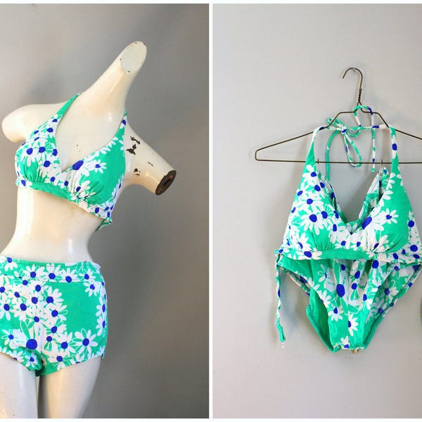 vintage Jantzen daisy swimsuit - floral print bathing suit / Jantzen bikini - two piece halter swimsuit / flower power bikini - ladies large