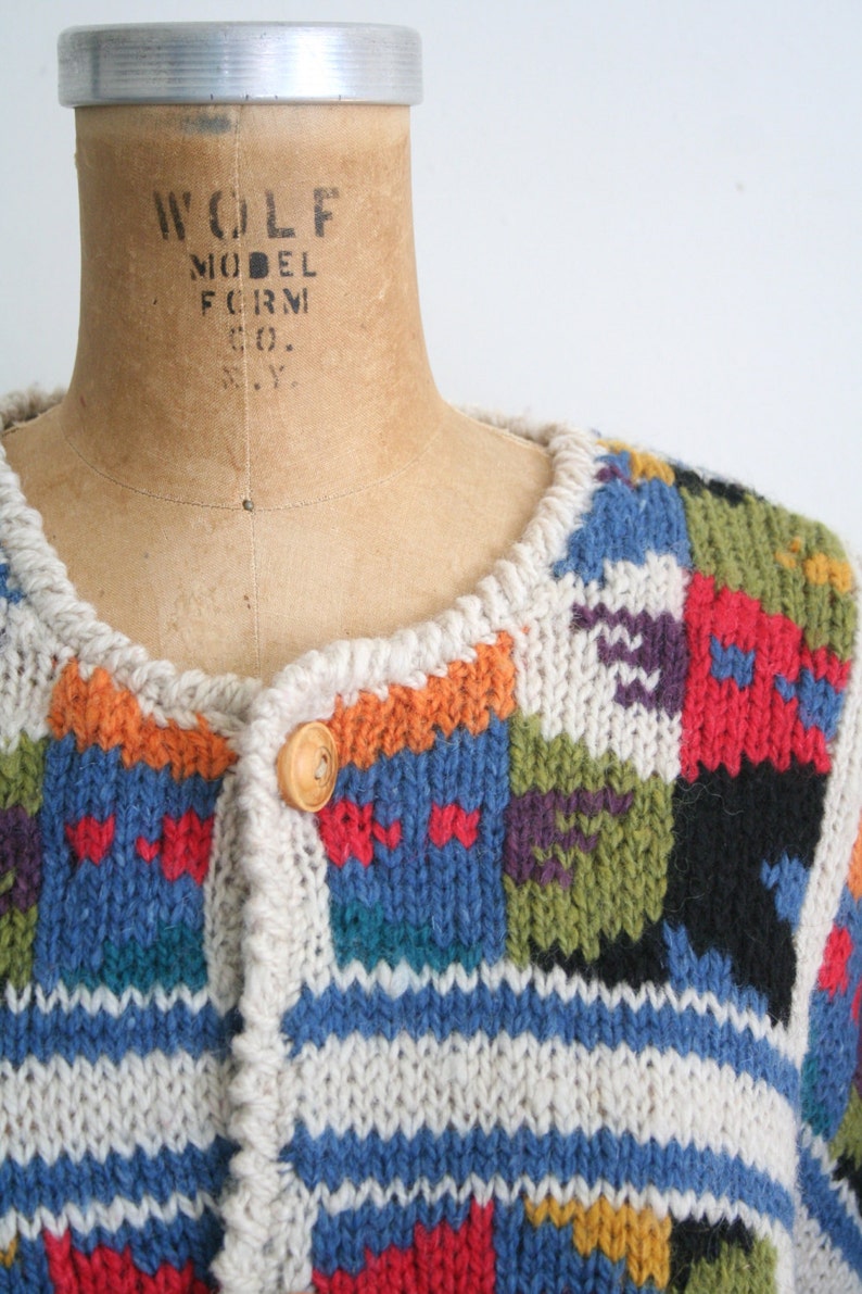 hand knit sweater Southwestern style wool sweater colorful wool cardigan vintage hand knit wool cardigan sweater