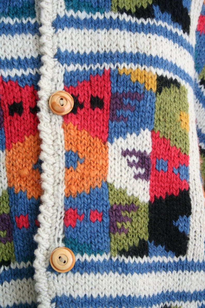 hand knit sweater Southwestern style wool sweater colorful wool cardigan vintage hand knit wool cardigan sweater