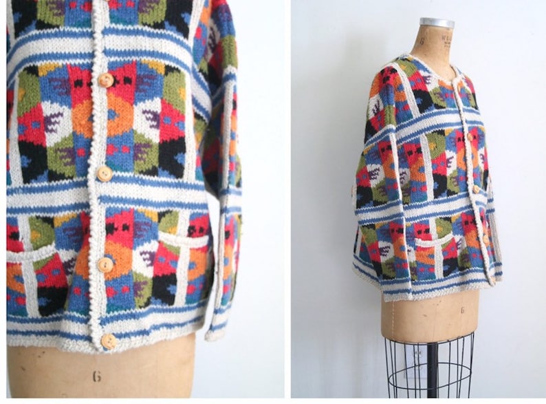 hand knit sweater Southwestern style wool sweater colorful wool cardigan vintage hand knit wool cardigan sweater